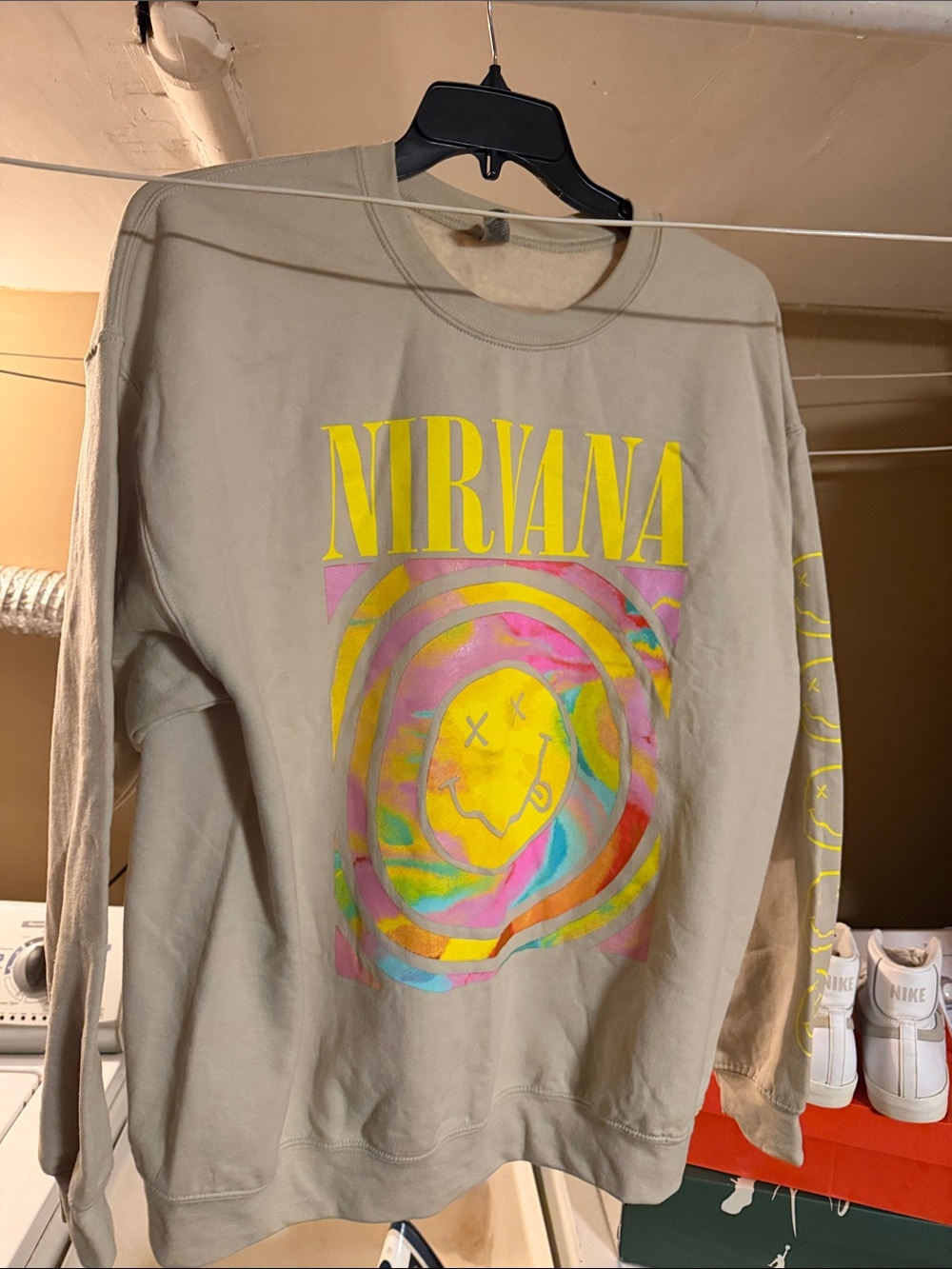 NIRVANA Beige Crewneck with Yellow Logo and Multicolor Tie-Dye Smiley